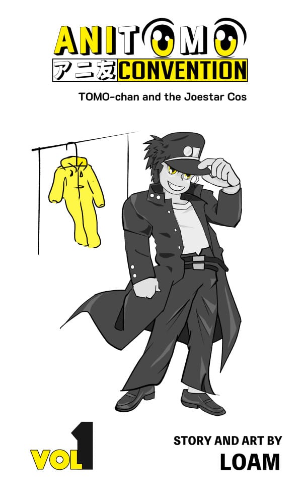 The cover image to a comic strip featuring a cartoon character dressed up as JoJo for a cosplay event.