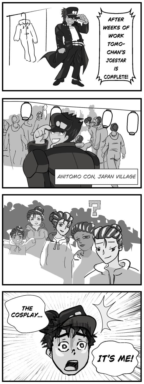 A comic strip featuring a cartoon character going to a cosplay event.